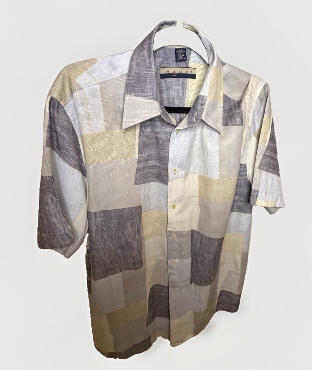 Haupt Men’s 39/40 Medium Abstract Patchwork Shirt Gray Beige Short Sleeve Rayon
